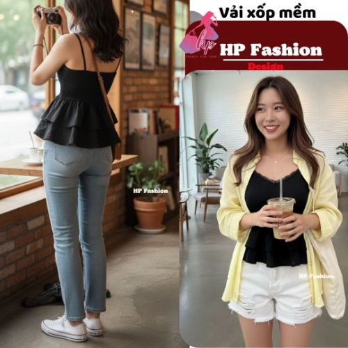 Áo 2 dây ôm eo,che bụng tôn dáng, áo kiểu hai dây không mút tùng 2 lớp xòe phối ren sang chảnh mùa hè A7