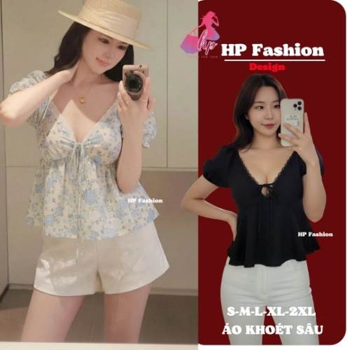 Áo babydoll tay phồng cổ tim khoét sâu phối ren, che bụng dưới , áo kiểu nữ vải đũi mùa hè đi biển size S M L XL   A4