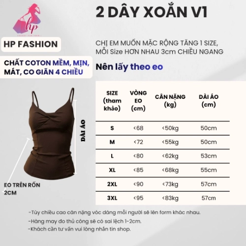 Áo hai dây nữ form dài ôm body không mút chiết eo basic xoắn v1 , áo kiểu mùa hè vải cotton QC co giãn  size S M L XL 2XL 3XL có bigsize  HP106