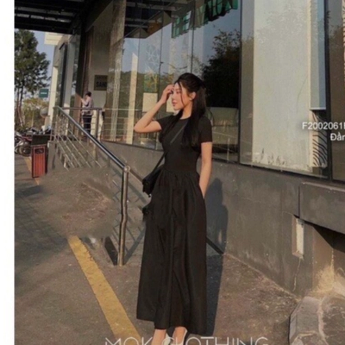 Đầm maxi dài tay ngắn có túi, váy xoè đi biển đi dự tiêc màu đen VD985