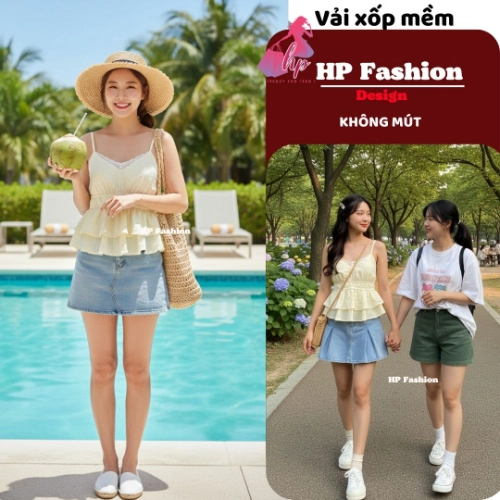 Áo 2 dây ôm eo,che bụng tôn dáng, áo kiểu hai dây không mút tùng 2 lớp xòe phối ren sang chảnh mùa hè A7