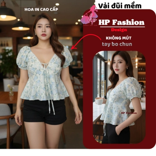 Áo babydoll tay phồng cổ tim khoét sâu phối ren, che bụng dưới , áo kiểu nữ vải đũi mùa hè đi biển size S M L XL   A4