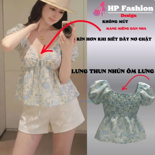 Áo babydoll tay phồng cổ tim khoét sâu phối ren, che bụng dưới , áo kiểu nữ vải đũi mùa hè đi biển size S M L XL   A4