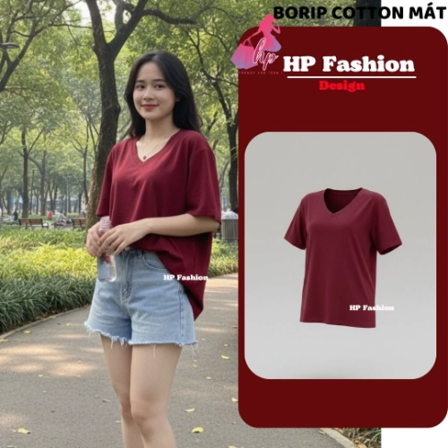 Áo thun phom suông rộng cổ tim nữ  basic, áo phông nữ cộc ngắn tay vải cotton mịn  co giãn 4 chều thoáng mát thấm hút mồ hôi  mùa hè A10
