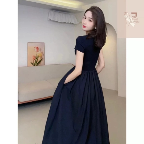 Đầm maxi dài tay ngắn có túi, váy xoè đi biển đi dự tiêc màu đen VD985