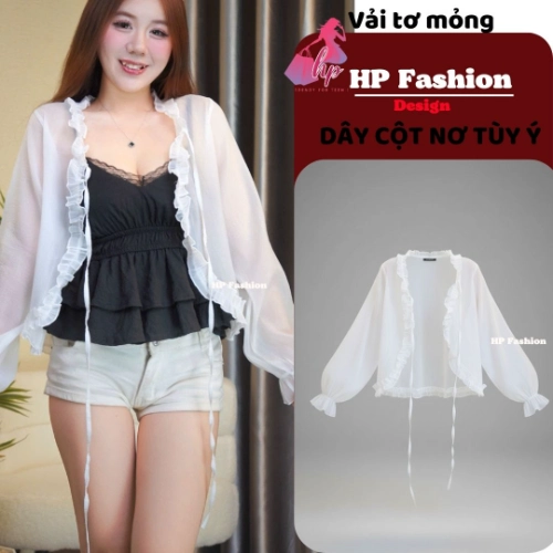 Áo khoác cardigan mặc ngoài, mỏng xuyên thấu, áo nữ kiểu nữ basic vải tơ nến viền bèo  dây cột phối áo và đầm mùa hè A9