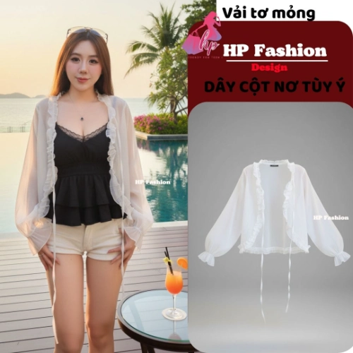 Áo khoác cardigan mặc ngoài, mỏng xuyên thấu, áo nữ kiểu nữ basic vải tơ nến viền bèo  dây cột phối áo và đầm mùa hè A9