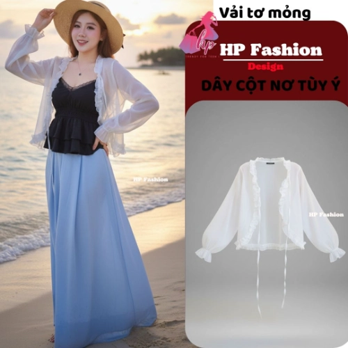 Áo khoác cardigan mặc ngoài, mỏng xuyên thấu, áo nữ kiểu nữ basic vải tơ nến viền bèo  dây cột phối áo và đầm mùa hè A9