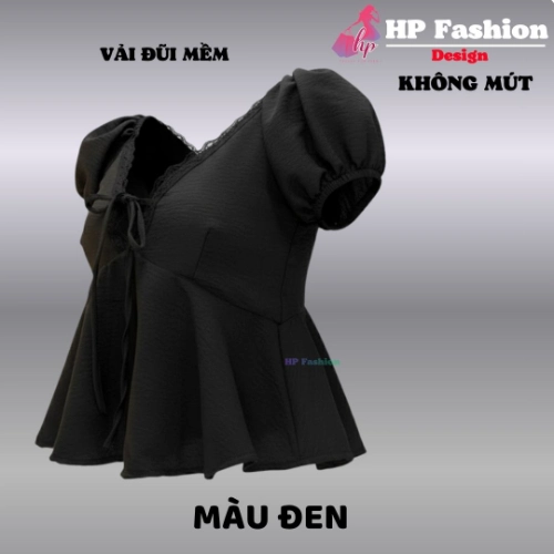 Áo babydoll tay phồng cổ tim khoét sâu phối ren, che bụng dưới , áo kiểu nữ vải đũi mùa hè đi biển size S M L XL   A4