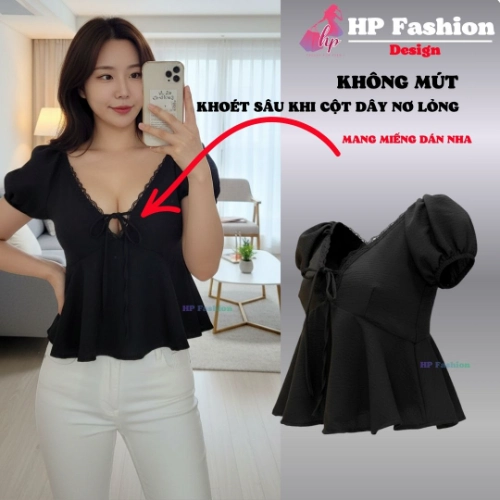 Áo babydoll tay phồng cổ tim khoét sâu phối ren, che bụng dưới , áo kiểu nữ vải đũi mùa hè đi biển size S M L XL   A4