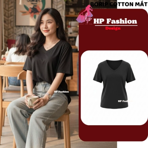 Áo thun phom suông rộng cổ tim nữ  basic, áo phông nữ cộc ngắn tay vải cotton mịn  co giãn 4 chều thoáng mát thấm hút mồ hôi  mùa hè A10