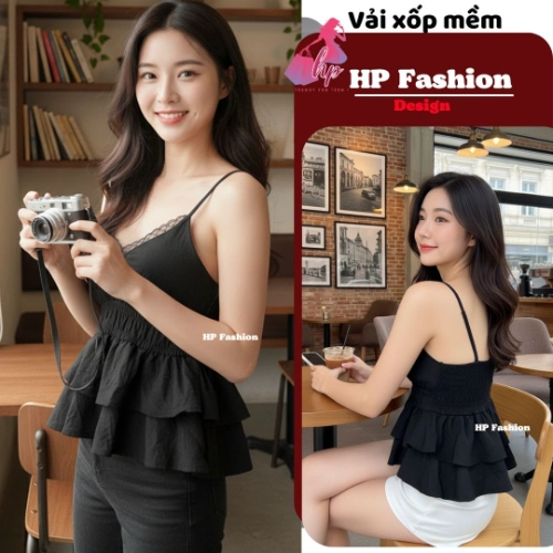 Áo 2 dây ôm eo,che bụng tôn dáng, áo kiểu hai dây không mút tùng 2 lớp xòe phối ren sang chảnh mùa hè A7