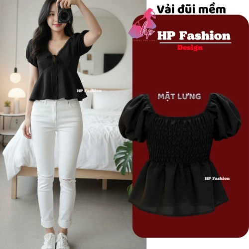 Áo babydoll tay phồng cổ tim khoét sâu phối ren, che bụng dưới , áo kiểu nữ vải đũi mùa hè đi biển size S M L XL   A4
