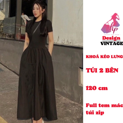 Đầm maxi dài tay ngắn có túi, váy xoè đi biển đi dự tiêc màu đen VD985