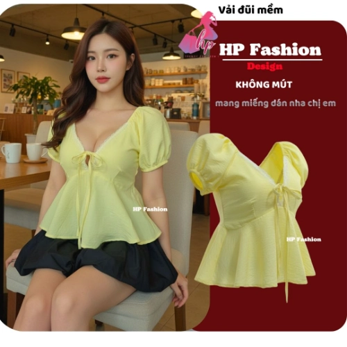 Áo babydoll tay phồng cổ tim khoét sâu phối ren, che bụng dưới , áo kiểu nữ vải đũi mùa hè đi biển size S M L XL   A4
