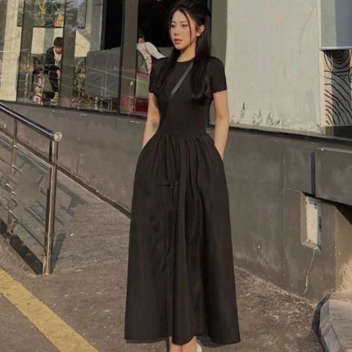 Đầm maxi dài tay ngắn có túi, váy xoè đi biển đi dự tiêc màu đen VD985