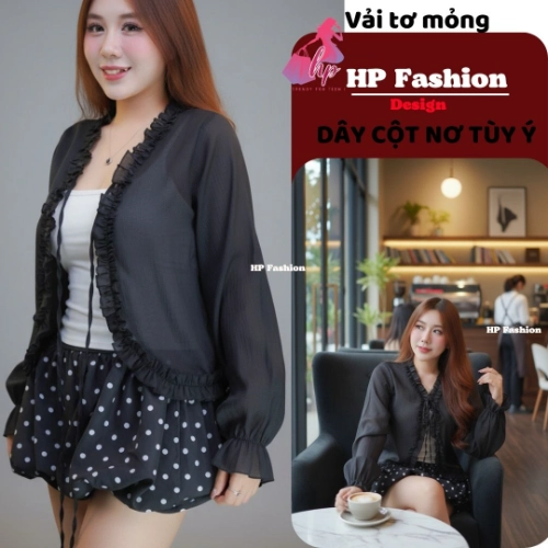 Áo khoác cardigan mặc ngoài, mỏng xuyên thấu, áo nữ kiểu nữ basic vải tơ nến viền bèo  dây cột phối áo và đầm mùa hè A9