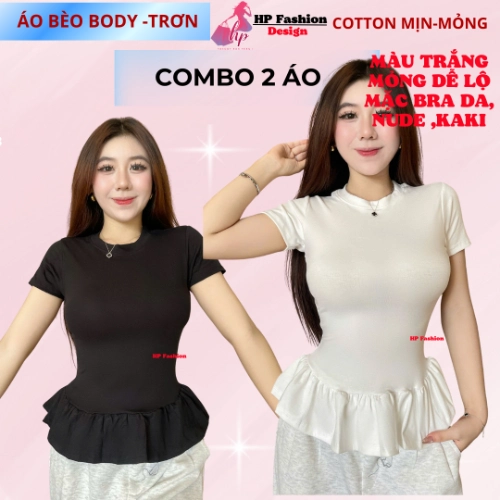 Áo thun tay ngắn sọc viền lai bèo nữ chiết eo basic cổ tròn, áo phông nữ ôm body cộc ngắn tay vải cao cấp co giãn  size S M L XL 2XL 3XL có bigsize  HP67