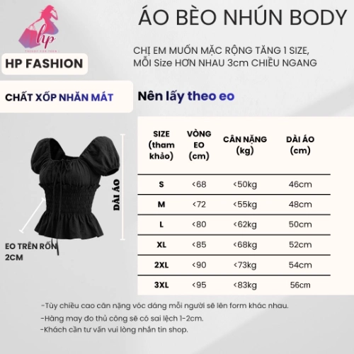 Áo trễ bệt vai ôm  body tùng xòe nhún eo, áo kiểu nữ vải xốp nhăn mùa hè đi biển size S M L XL 2XL 3XL  có bigsize HP108