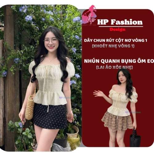 Áo trễ bệt vai ôm body tùng xòe nhún eo, áo kiểu nữ vải xốp nhăn mùa hè đi biển size S M L XL 2XL 3XL có bigsize HP108