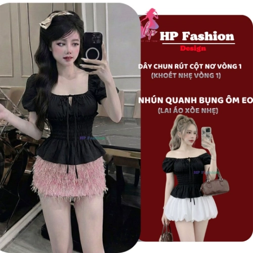 Áo trễ bệt vai ôm body tùng xòe nhún eo, áo kiểu nữ vải xốp nhăn mùa hè đi biển size S M L XL 2XL 3XL có bigsize HP108