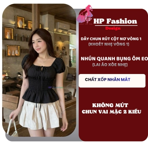 Áo trễ bệt vai ôm  body tùng xòe nhún eo, áo kiểu nữ vải xốp nhăn mùa hè đi biển size S M L XL 2XL 3XL  có bigsize HP108