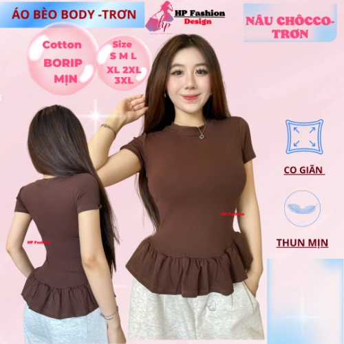 Áo thun tay ngắn sọc viền lai bèo nữ chiết eo basic cổ tròn, áo phông nữ ôm body cộc ngắn tay vải cao cấp co giãn  size S M L XL 2XL 3XL có bigsize  HP67