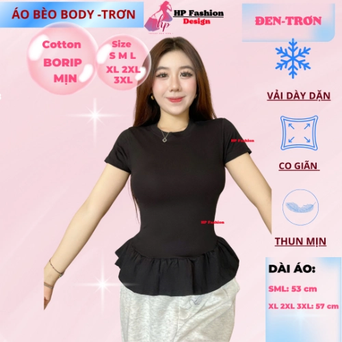 Áo thun tay ngắn sọc viền lai bèo nữ chiết eo basic cổ tròn, áo phông nữ ôm body cộc ngắn tay vải cao cấp co giãn  size S M L XL 2XL 3XL có bigsize  HP67