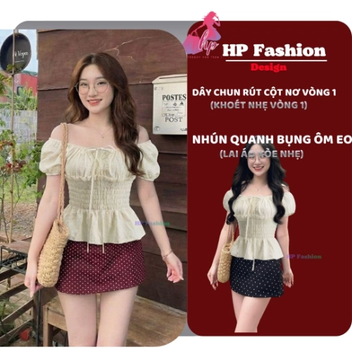 Áo trễ bệt vai ôm  body tùng xòe nhún eo, áo kiểu nữ vải xốp nhăn mùa hè đi biển size S M L XL 2XL 3XL  có bigsize HP108