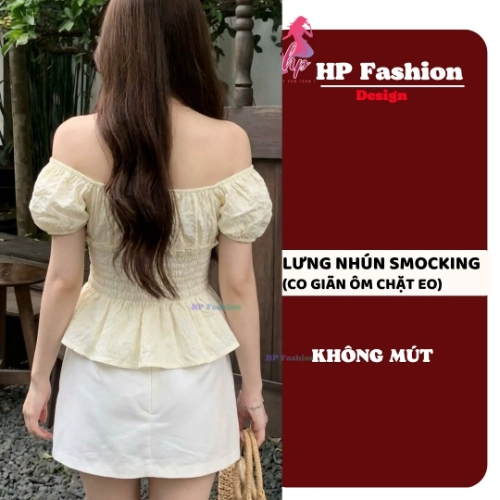 Áo trễ bệt vai ôm  body tùng xòe nhún eo, áo kiểu nữ vải xốp nhăn mùa hè đi biển size S M L XL 2XL 3XL  có bigsize HP108