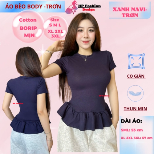 Áo thun tay ngắn sọc viền lai bèo nữ chiết eo basic cổ tròn, áo phông nữ ôm body cộc ngắn tay vải cao cấp co giãn  size S M L XL 2XL 3XL có bigsize  HP67