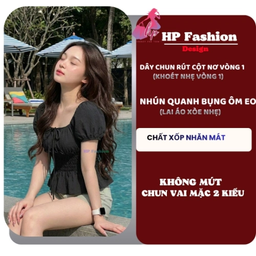 Áo trễ bệt vai ôm  body tùng xòe nhún eo, áo kiểu nữ vải xốp nhăn mùa hè đi biển size S M L XL 2XL 3XL  có bigsize HP108