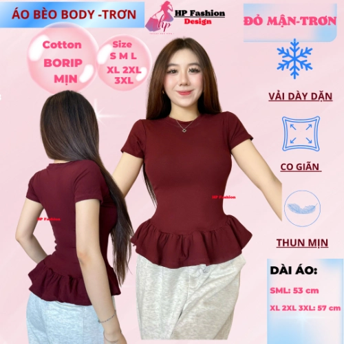 Áo thun tay ngắn sọc viền lai bèo nữ chiết eo basic cổ tròn, áo phông nữ ôm body cộc ngắn tay vải cao cấp co giãn  size S M L XL 2XL 3XL có bigsize  HP67