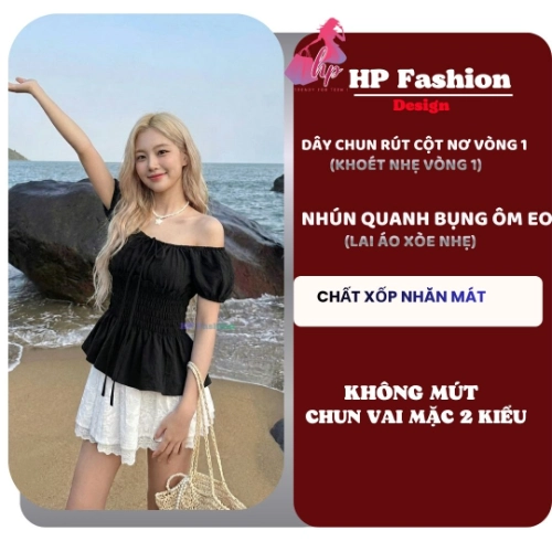 Áo trễ bệt vai ôm  body tùng xòe nhún eo, áo kiểu nữ vải xốp nhăn mùa hè đi biển size S M L XL 2XL 3XL  có bigsize HP108