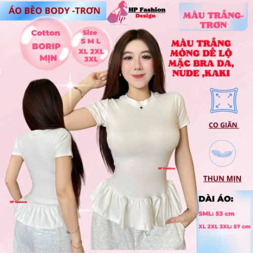 Áo thun tay ngắn sọc viền lai bèo nữ chiết eo basic cổ tròn, áo phông nữ ôm body cộc ngắn tay vải cao cấp co giãn  size S M L XL 2XL 3XL có bigsize  HP67