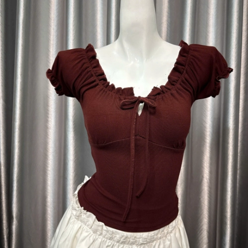 Áo thun body tay bèo ngắn nhún thun cổ vuông, áo nữ kiểu mặc được trễ vai nữ basic vải thun cotton borip trơn basic co giãn 4 chều thoáng mát thấm hút mồ hôi size S M L Xl XXL  có bigsize mùa hè HP44