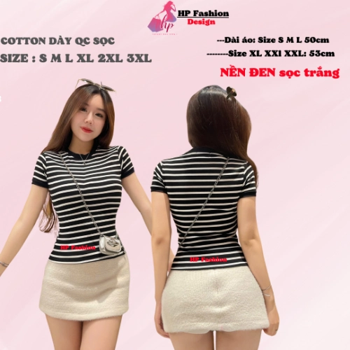 Áo thun sọc viền nữ chiết eo basic cổ tròn, áo phông nữ ôm body cộc ngắn tay vải cao cấp co giãn 2 chiều size S M L XL 2XL 3XL   có bigsize  HP52