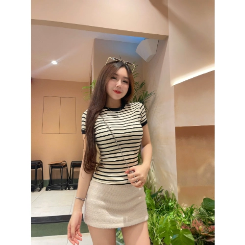 Áo thun sọc viền nữ chiết eo basic cổ tròn, áo phông nữ ôm body cộc ngắn tay vải cao cấp co giãn 2 chiều size S M L XL 2XL 3XL   có bigsize  HP52