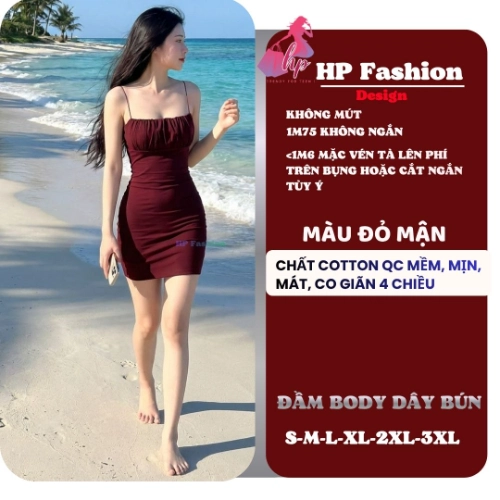 Đầm hai dây bún nhúm vòng 1 không mút ôm body  dáng ngắn  , váy kiểu trơn basic  đen đỏ xanh có bigsize vải thoáng mát mùa hè tôn dáng sang chảnh HP105
