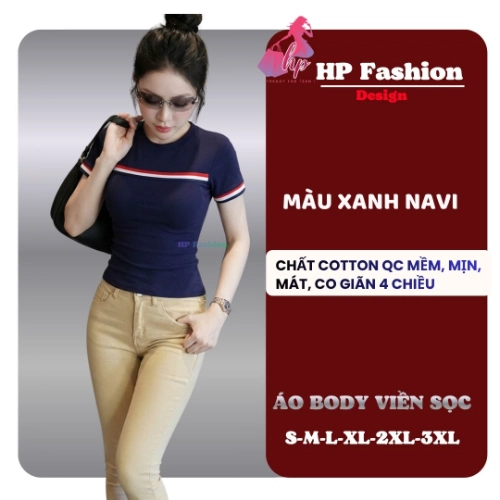 Áo thun nữ body tay ngắn viền màu chiết eo basic cổ tròn, áo phông nữ cộc tay vải cotton QC co giãn  size S M L XL 2XL 3XL có bigsize  HP104