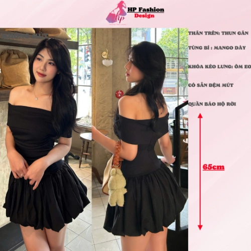 Đầm bí ngô phồng dáng ngắn body cúp v1 trễ bẹt vai có mút, váy kiểu nữ màu đen  trắng đi tiệc tiểu thư sang chảnh có bigsize HP28 TN