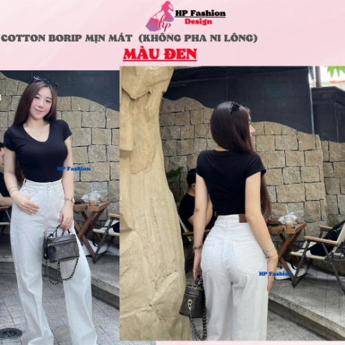 Áo thun cổ tim nữ chiết eo basic, áo phông nữ ôm body cộc ngắn tay vải cao cấp co giãn 4 chều thoáng mát thấm hút mồ