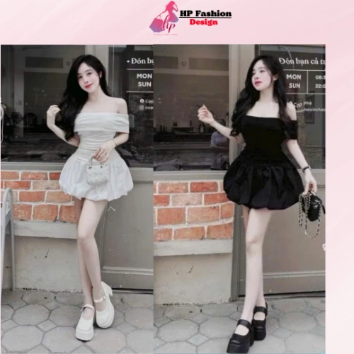 Đầm bí ngô phồng dáng ngắn body cúp v1 trễ bẹt vai có mút, váy kiểu nữ màu đen  trắng đi tiệc tiểu thư sang chảnh có bigsize HP28 TN