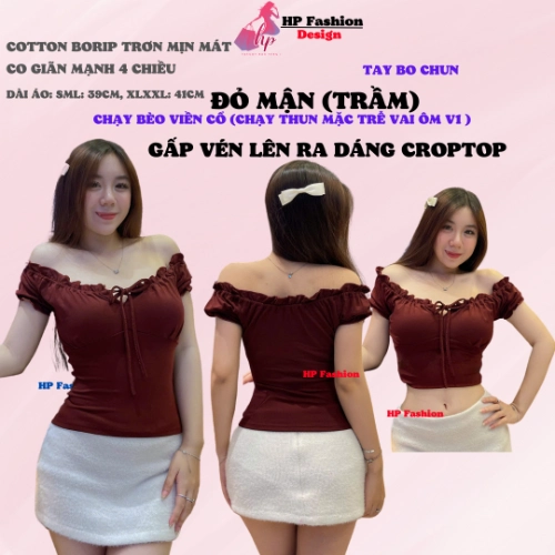 Áo thun body tay bèo ngắn nhún thun cổ vuông, áo nữ kiểu mặc được trễ vai nữ basic vải thun cotton borip trơn basic co giãn 4 chều thoáng mát thấm hút mồ hôi size S M L Xl XXL  có bigsize mùa hè HP44
