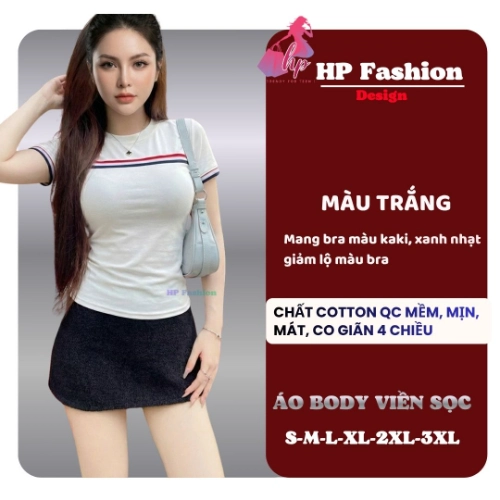 Áo thun nữ body tay ngắn viền màu chiết eo basic cổ tròn, áo phông nữ cộc tay vải cotton QC co giãn  size S M L XL 2XL 3XL có bigsize  HP104