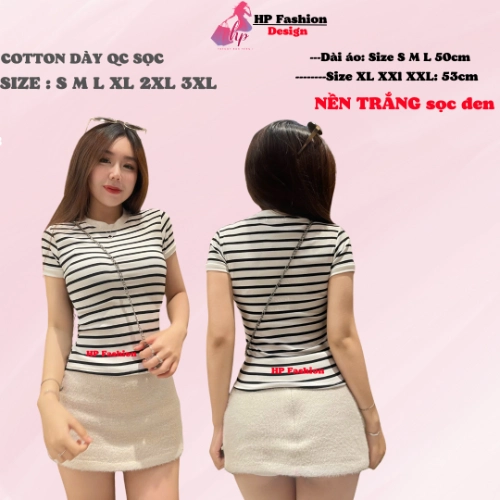 Áo thun sọc viền nữ chiết eo basic cổ tròn, áo phông nữ ôm body cộc ngắn tay vải cao cấp co giãn 2 chiều size S M L XL 2XL 3XL   có bigsize  HP52
