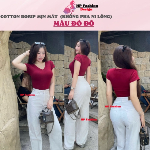 Áo thun cổ tim nữ chiết eo basic, áo phông nữ ôm body cộc ngắn tay vải cao cấp co giãn 4 chều thoáng mát thấm hút mồ