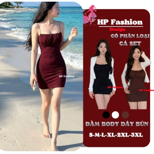 Đầm hai dây bún nhúm vòng 1 không mút ôm body  dáng ngắn  , váy kiểu trơn basic  đen đỏ xanh có bigsize vải thoáng mát mùa hè tôn dáng sang chảnh HP105