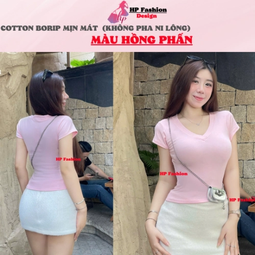 Áo thun cổ tim nữ chiết eo basic, áo phông nữ ôm body cộc ngắn tay vải cao cấp co giãn 4 chều thoáng mát thấm hút mồ