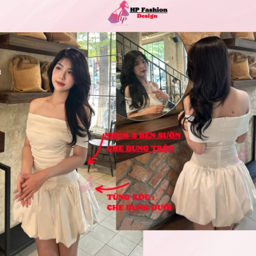 Đầm bí ngô phồng dáng ngắn body cúp v1 trễ bẹt vai có mút, váy kiểu nữ màu đen  trắng đi tiệc tiểu thư sang chảnh có bigsize HP28 TN